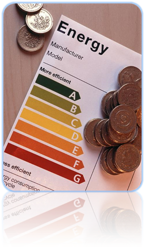 Description: concept image of an energy effenciency rating lable and some pound coins